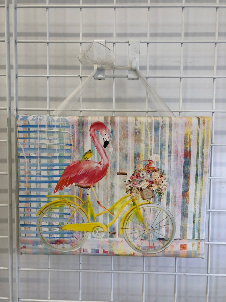 COLORFUL FLAMINGO ON YELLOW BIKE CANVAS WALL-ART.