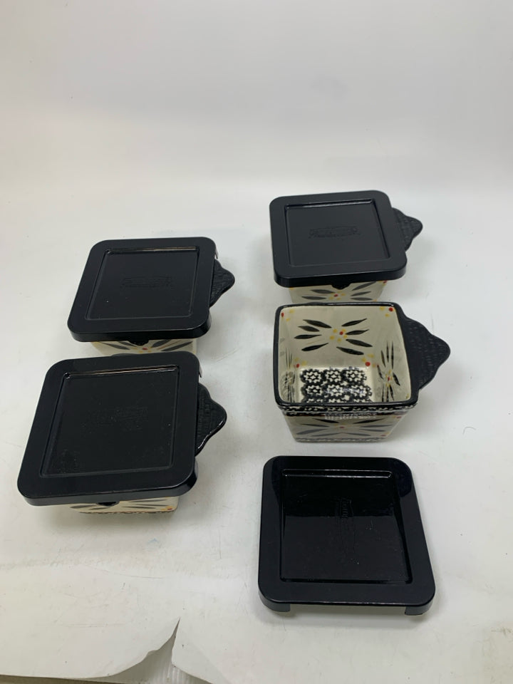 4 OLD WORLD SQUARE RAMEKIN BOWLS W/ LIDS.