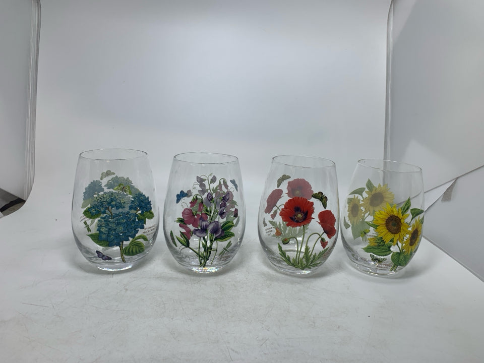 4 BOTANIC GARDEN STEMLESS WINE GLASSES ASSORTED.