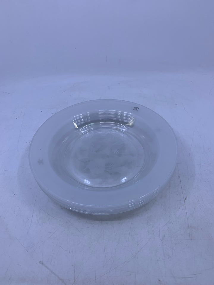 4 CRYSTAL FROSTED HUMMING BIRD SOUP BOWLS.
