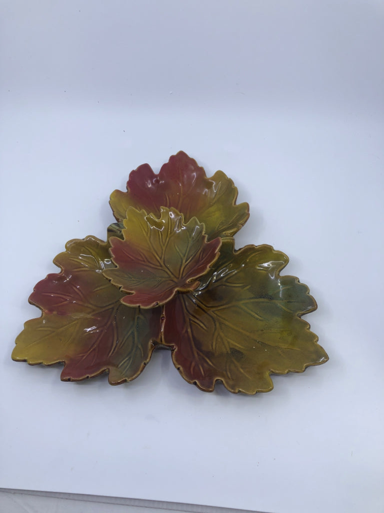 DIVIDED MAPLE LEAF CERAMIC SERVING DISH.