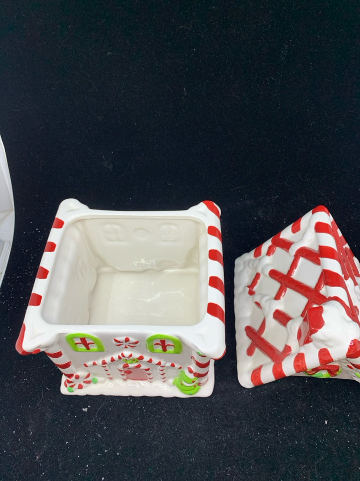 WHITE GINGERBREAD HOUSE COOKIE JAR.