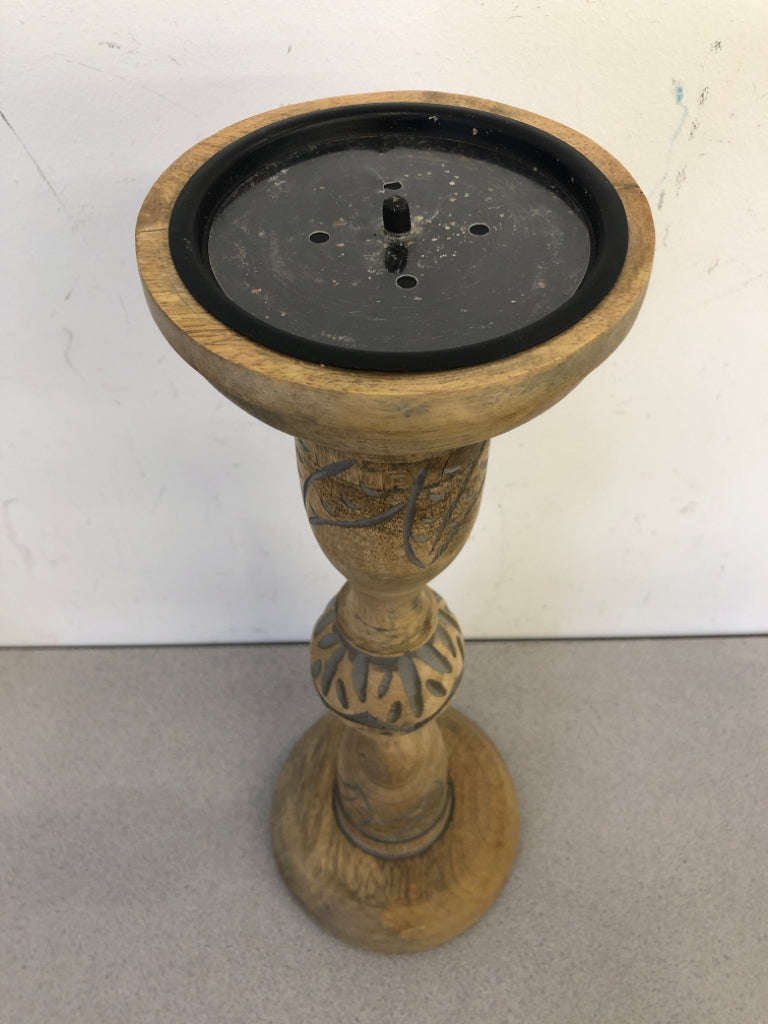 LARGE WOOD PILLAR CANDLE HOLDER W/ CARVINGS.