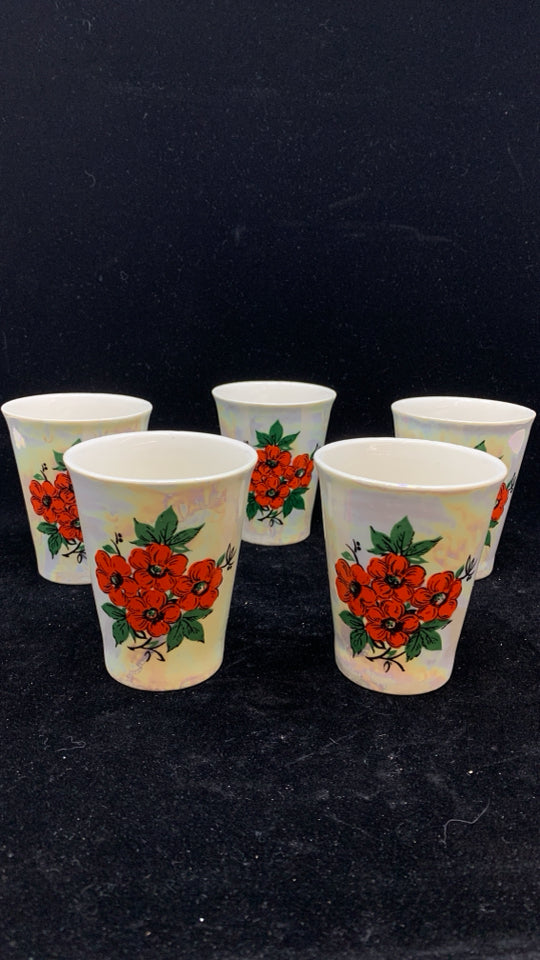 5 VTG RED POPPY PAINTED CERAMIC CUPS.