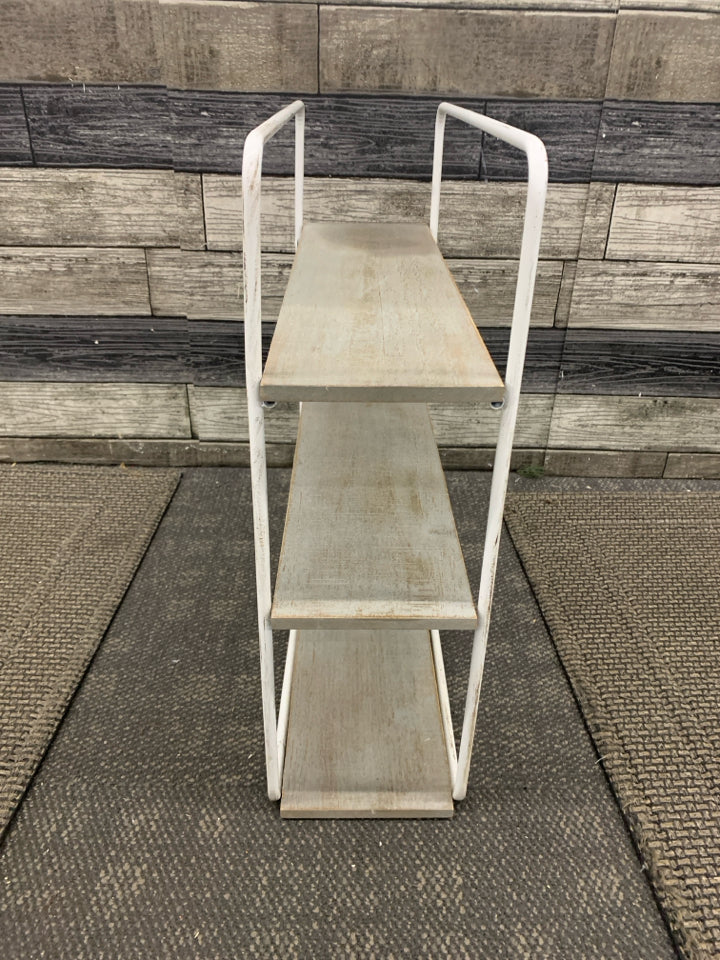 3 TIER GRAY AND WHITE WOOD SHELF.