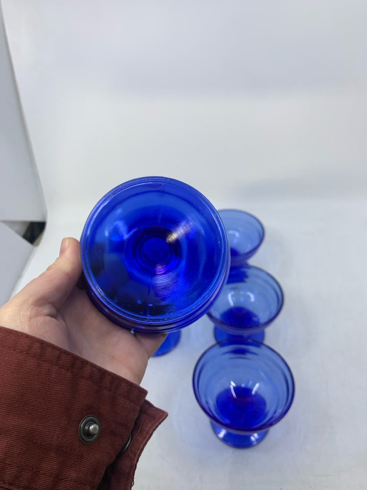 6 SHORT COBALT BLUE GLASSES W/ LINES.