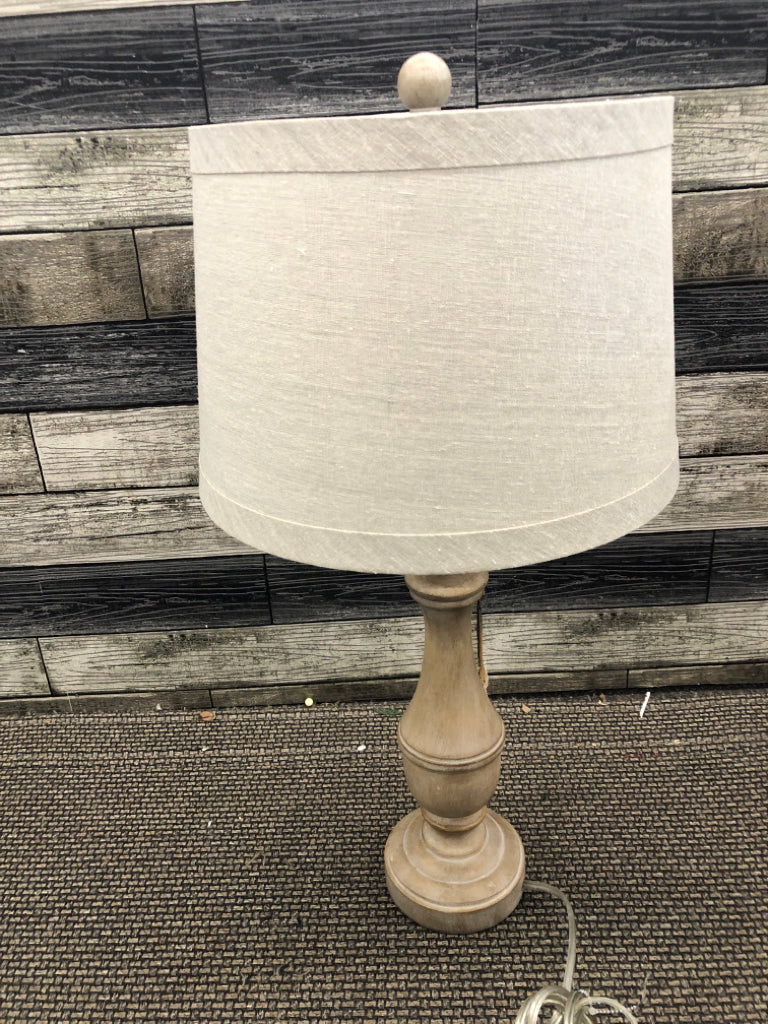GREY WASHED BASE LAMP W GREY/TAN SHADE.
