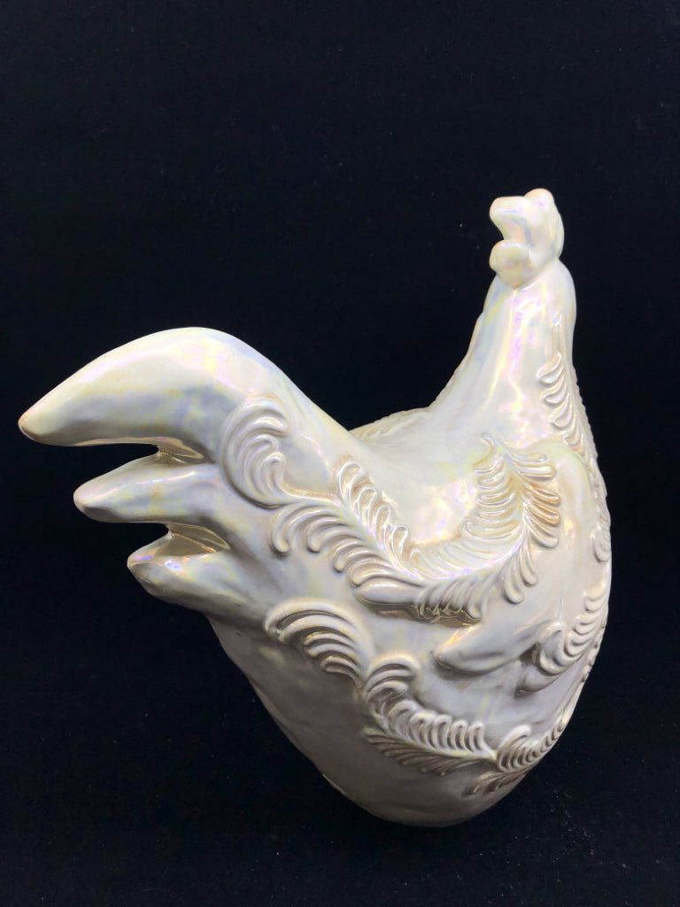 TALL WHITE IRIDESCENT ROOSTER.