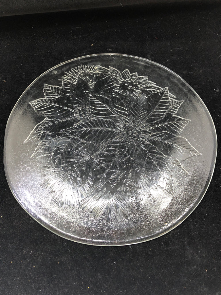 ROUND ETCHED GLASS POINSETTIA SERVING PLATTER.