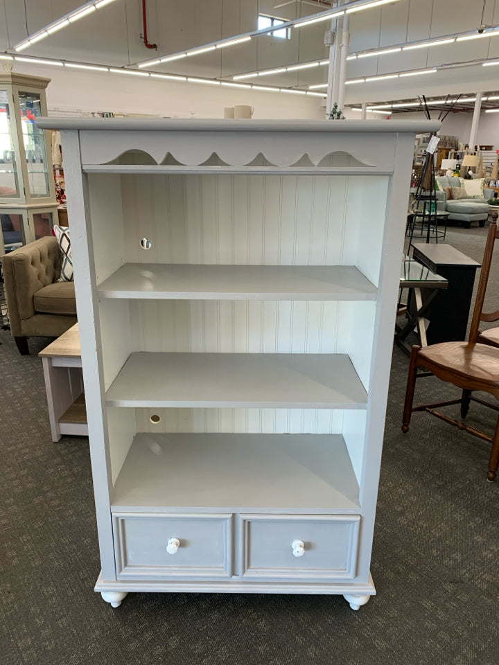 3-SHELF GRAY & WHITE CABINET W/SCALLOP TOP & 2 DRAWERS.