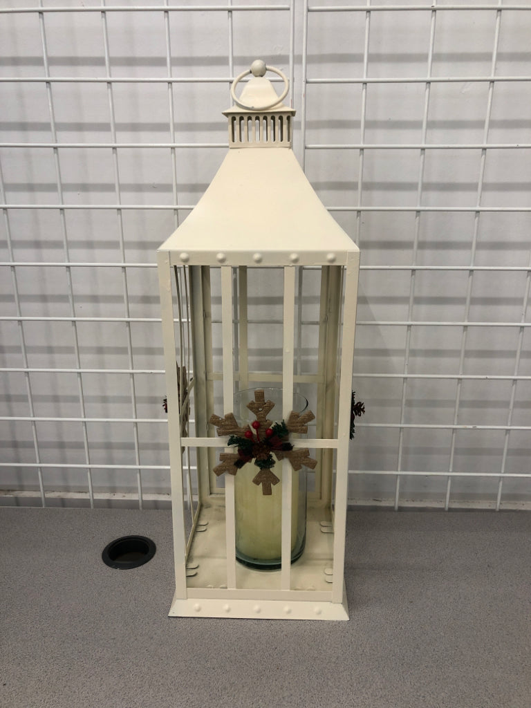 LG WHITE CANDLE LANTERN W/SNOWFLAKES.