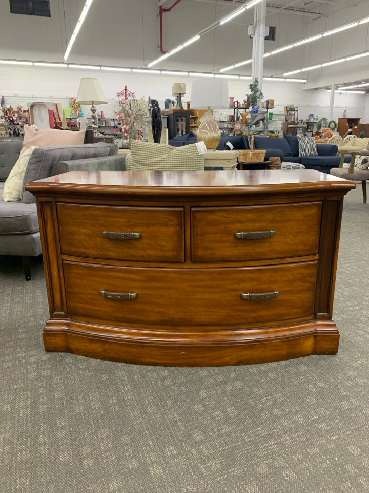 HEAVY CHERRY WOOD CHEST W/CURVED FRONT & 3 DRAWERS.