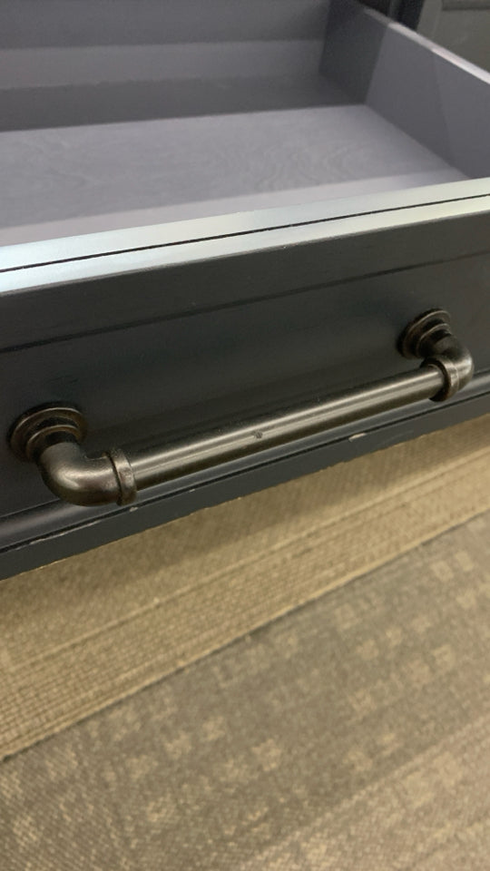 2-TONED WOOD-TOP BLACK DESK W/INDUSTRIAL HANDLES.