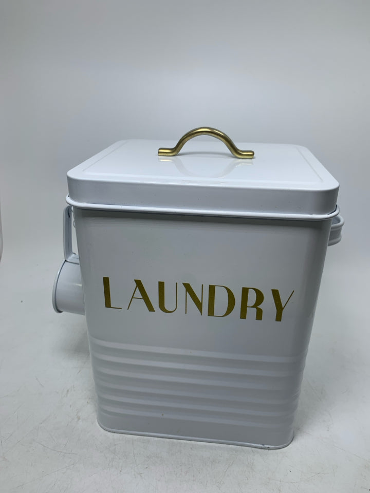 WHITE METAL LAUNDRY CONTAINER W/ SCOOP.