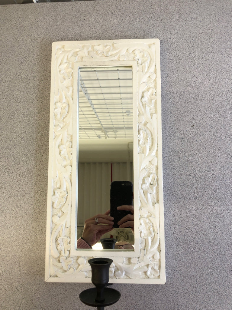 WHITE EMBOSSED MIRROR HANGING CANDLE HOLDER.