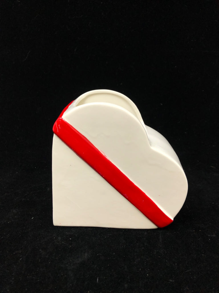 CERAMIC WHITE HEART PLANTER W/RED BOW.