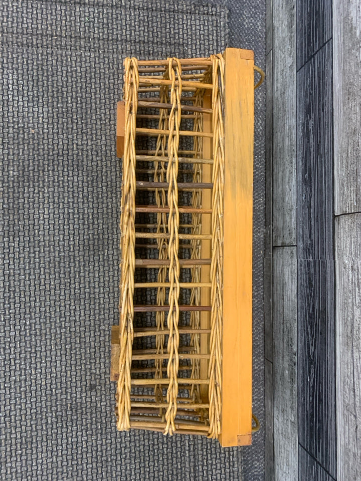 WOOD RECTANGLE BASKET W METAL HANDLES.