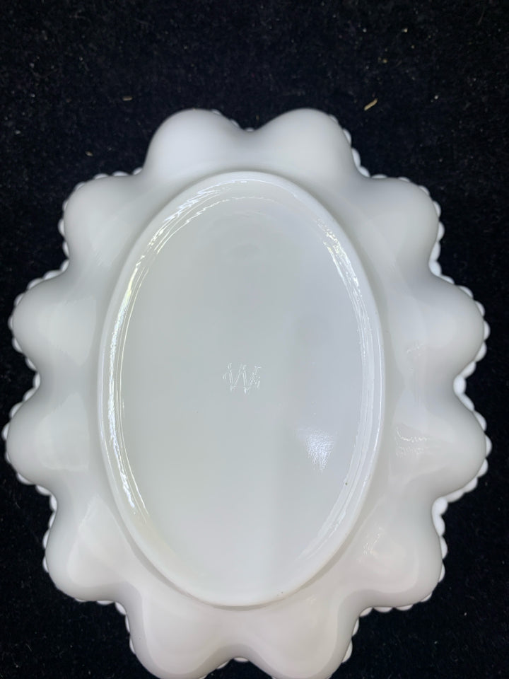 VTG MILK GLASS W RED DOTS.