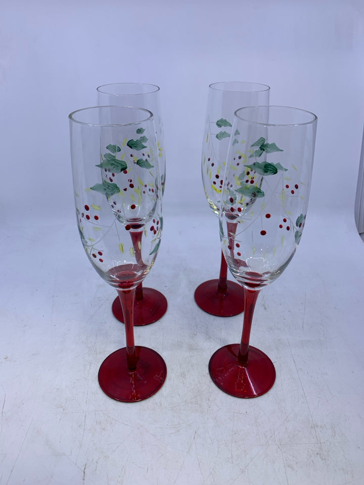 4 PAINTED ETCHED BERRIES & LEAVES GLASSES.