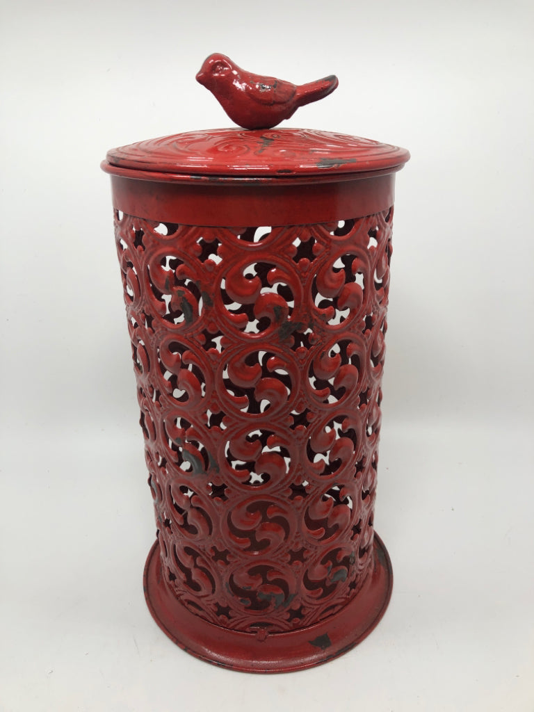 DISTRESSED RED BIRD CANDLE SLEEVE.