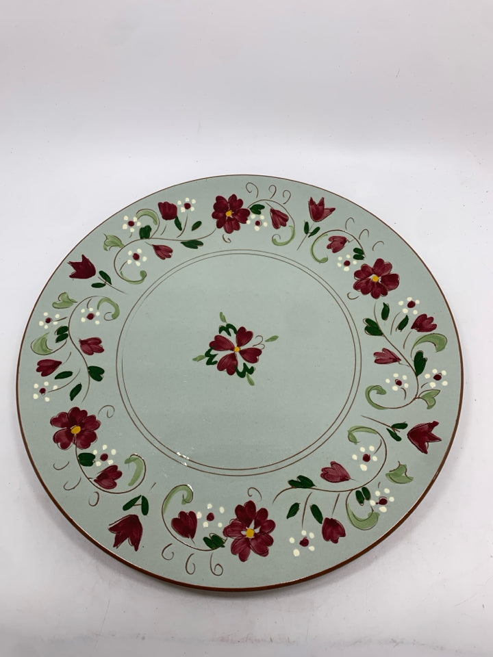 VTG BLUE POTTERY PLATTER W/RED FLOWERS.