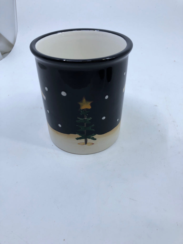 BLACK PRIMITIVE SNOWMAN MUG.