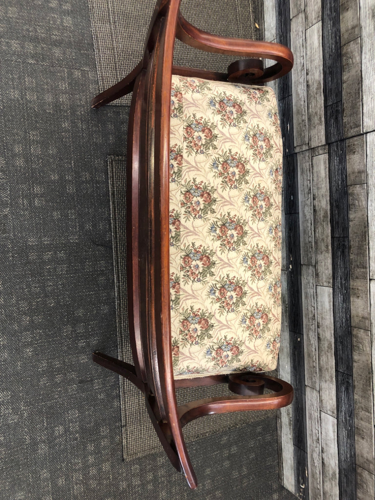 CHERRY WOOD, FLORAL CUSHION BENCH.