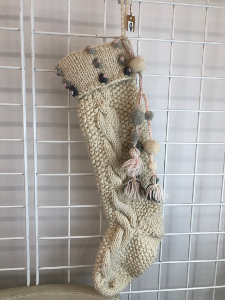 WHITE KNIT GREY/PINK POMS HOLIDAY STOCKING.