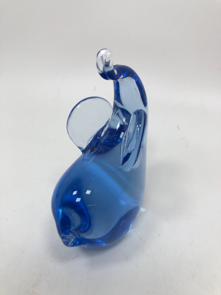 BLUE BLOWN GLASS ELEPHANT PAPERWEIGHT.