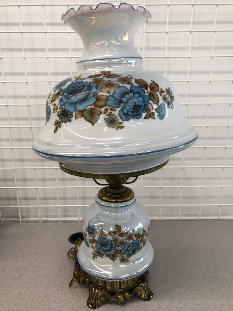 VTG BLUE ROSE MILK GLASS HURRICANE LAMP.