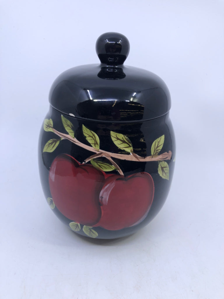 3 BLACK CANISTERS W/ PAINTED RED APPLES/BRANCHES.