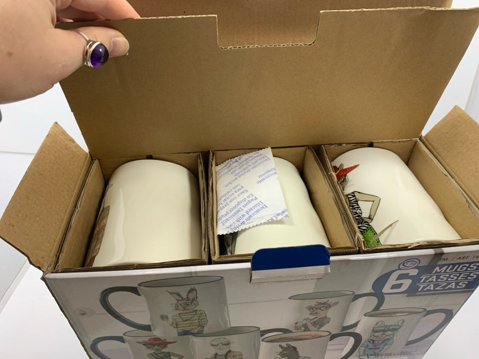 NIB 6 ANIMAL ART MUGS.