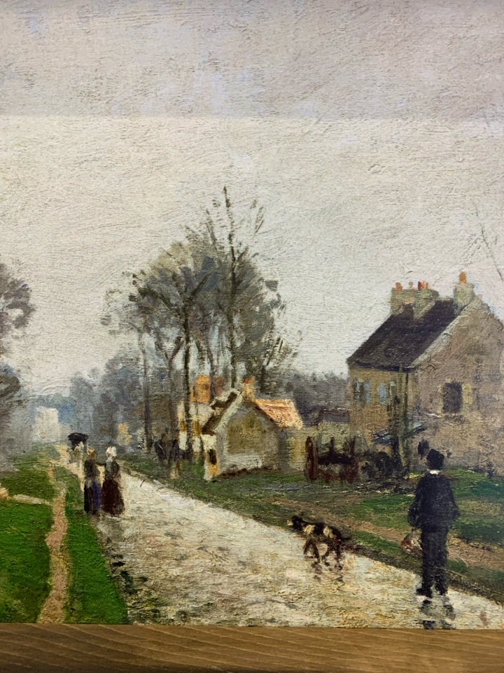 VILLAGE SCENE W PEOPLE WALKING.