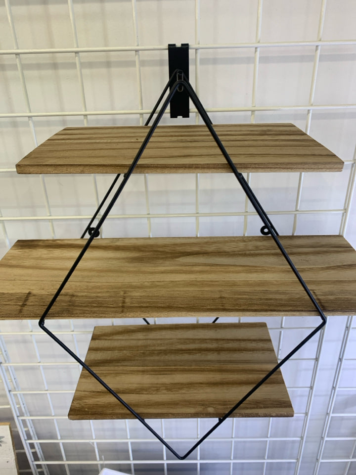 3 TIER METAL TRIANGLE SHELF WITH WOOD SLATS.