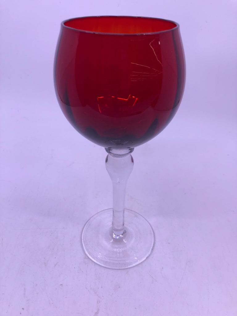 4 RED GLASS WINE GOBLETS.
