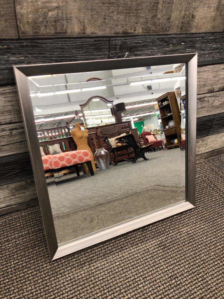 SQUARE SILVER FRAMED WALL MIRROR.