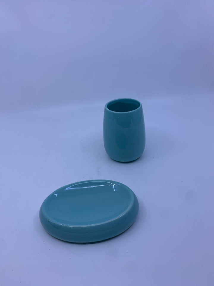 2 PC BATHROOM SET SOAP HOLDER & CUP TIFFANY BLUE