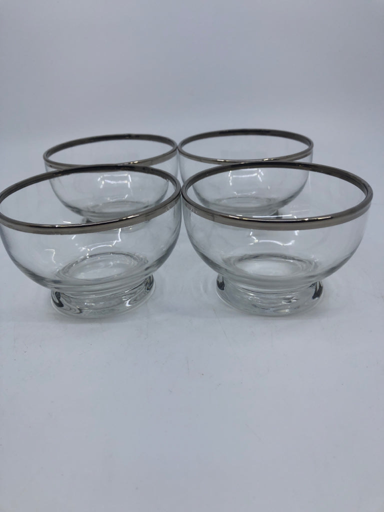 4 DESSERT GLASSES W SILVER RIM.