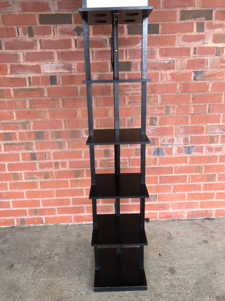 5 SHELF BLACK STANDING LAMP W/CREAM SHADE.