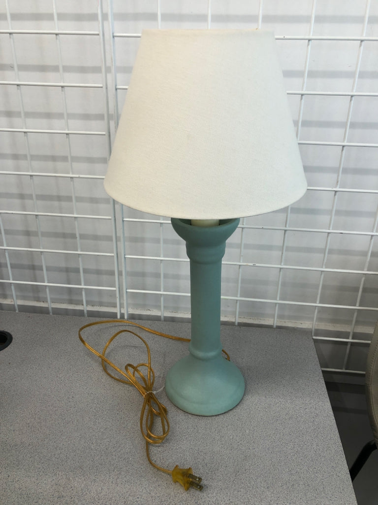 BLUE LAMP W/WHITE SHADE.
