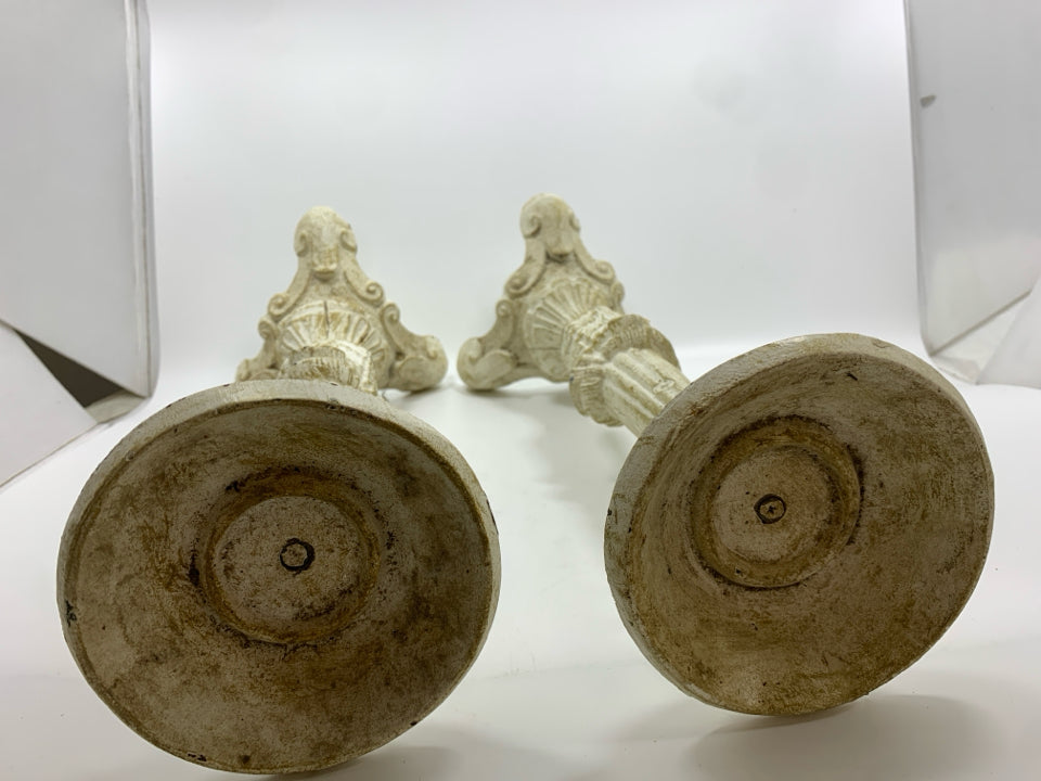 2 DISTRESSED WHITE METAL CANDLE STICK HOLDER.