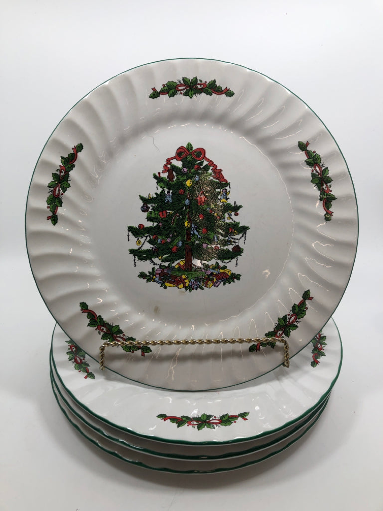 4 CHRISTMAS TREE- CHRISTMAS VILLAGE DINNER PLATES.