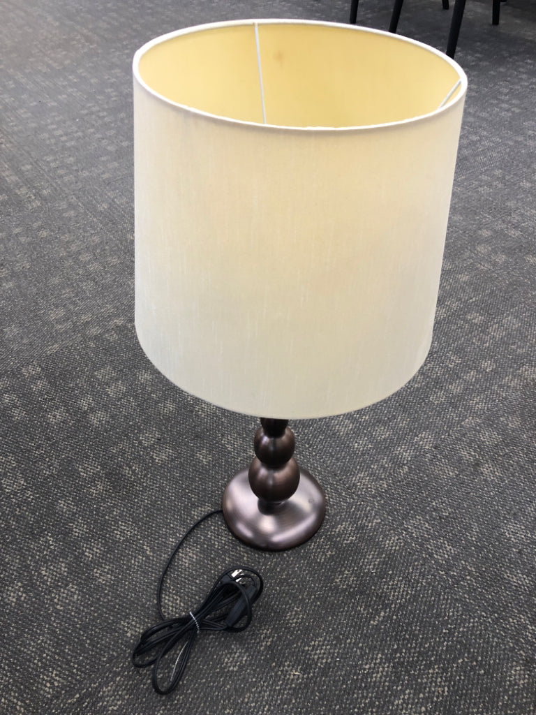 BRONZE-FINISHED STACKED LAMP W/BARREL SHADE.