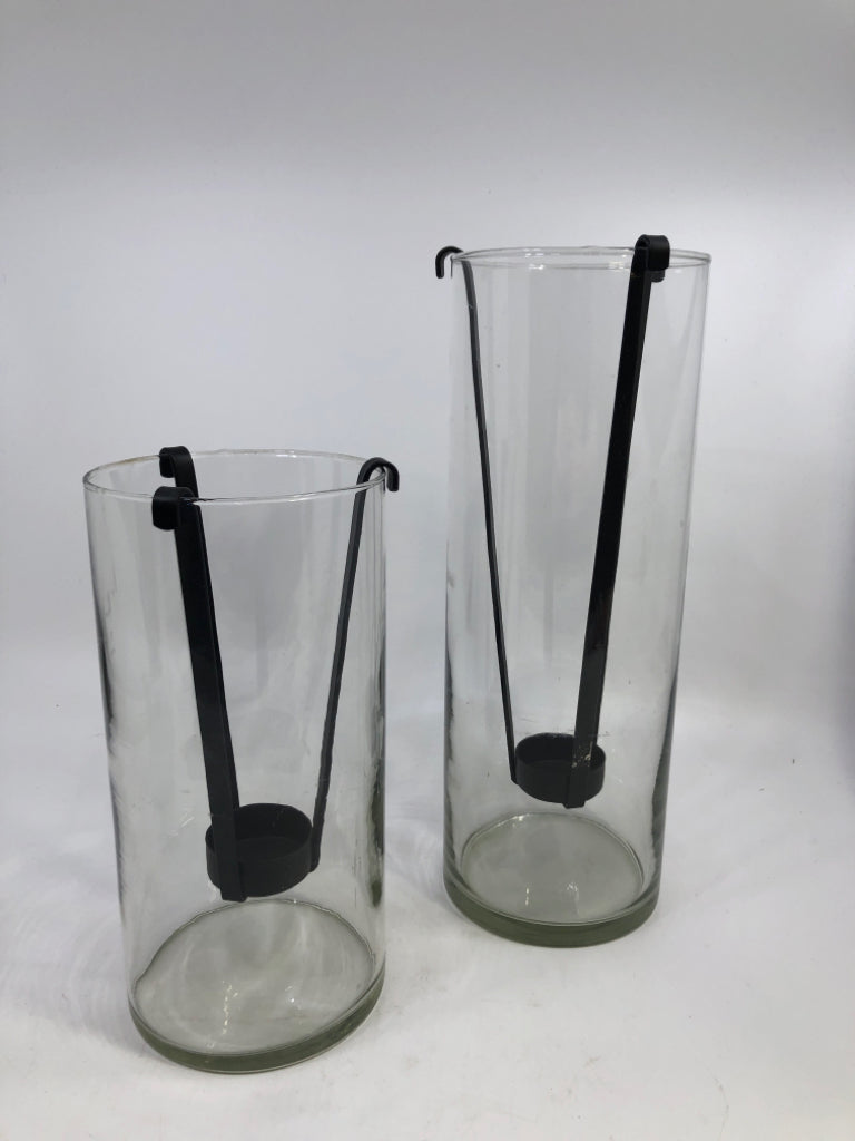 2 GLASS HURRICANE W METAL CANDLE HOLDER.
