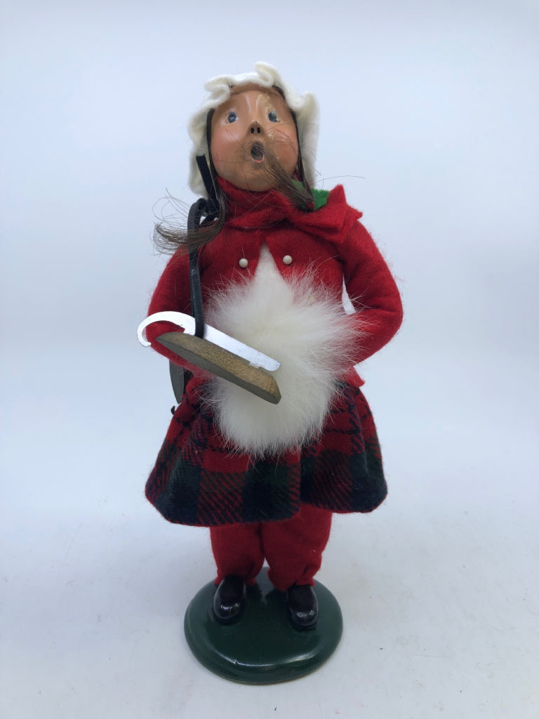 BYERS' CHOICE GIRL IN RED DRESS, PLAID SKIRT W MUFF-1992.