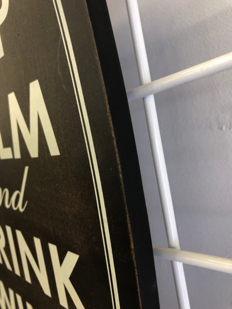 "KEEP CALM AND DRINK WINE" DARK WOOD WALL HANGING.