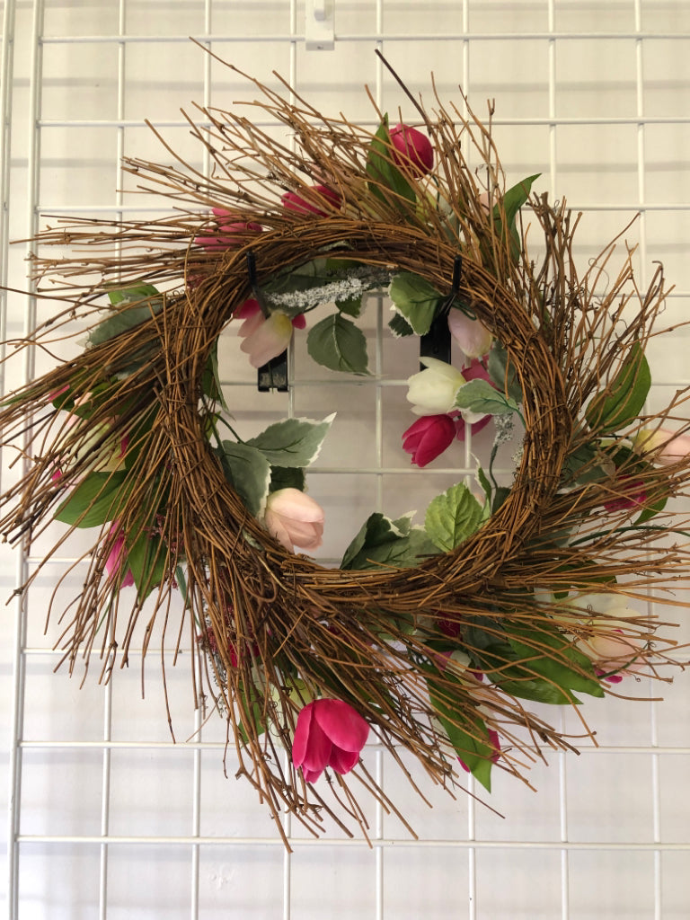 PINK FAUX TULIP FLORAL WREATH.