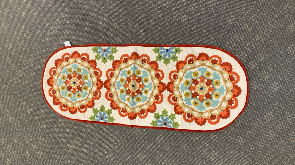 ORANGE/TEAL MEDALLION TABLE RUNNER.