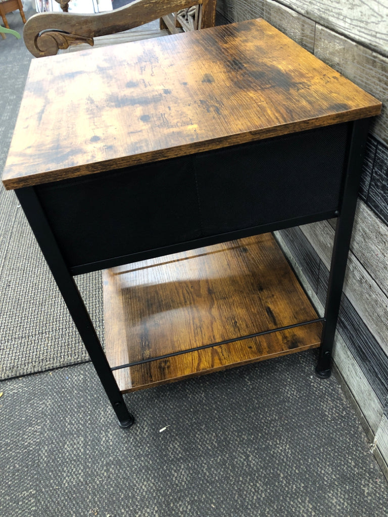 WOOD TOP SIDETABLE W/BLACK LEGS, FABRIC DRAWER.