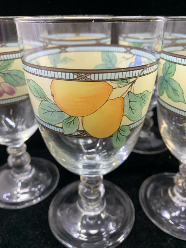 6 FRUIT PAINTED WINE GLASSES.